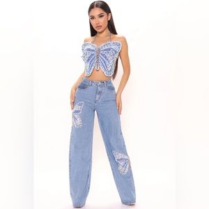 Fashion Nova Sequin Butterfly Denim Set